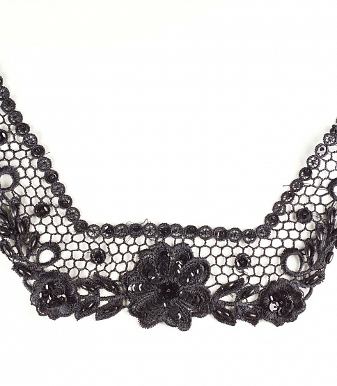 Black Lace And Beaded Sequin Neckline Applique - Click Image to Close